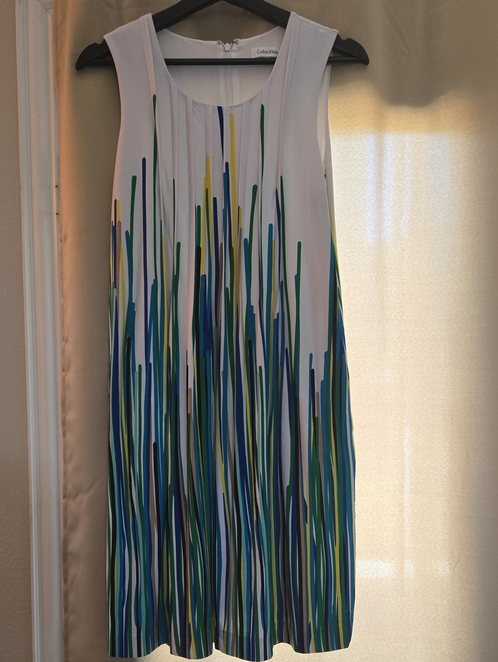 Calvin Klein White Sleeveless Shift Dress with Blue & Green Stripe Print
